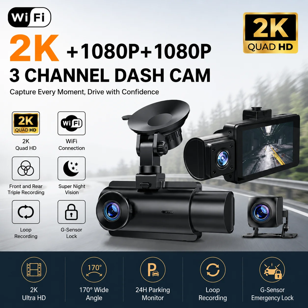 3 Channel Car Dash Cam 2K+1080P+1080P 3Lens Front inside Rear Camera WiFi IR Night Vision for Vehicle Safety Camcorder
3 Channel Car Dash Cam 2K+1080P+1080P 3Lens Front inside Rear Camera WiFi IR Night Vision for Vehicle Safety Camcorder