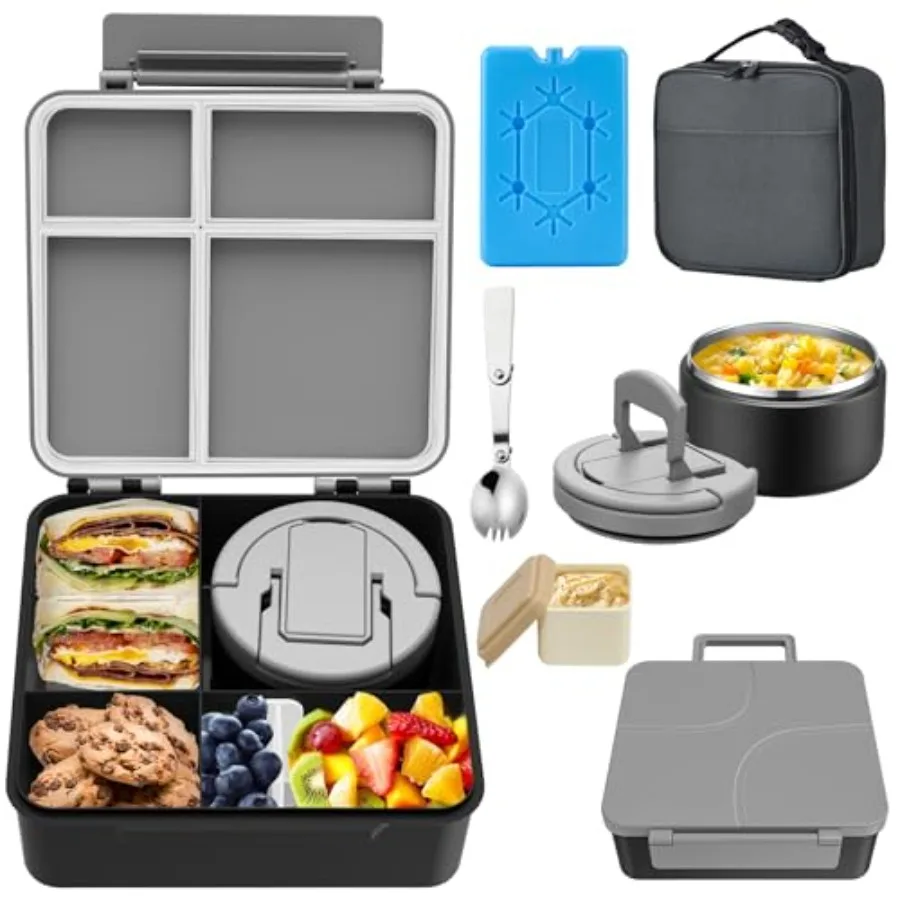 Bento Lunch Box Set with 8 oz Soup Thermo, Leakproof 4 Compartments Hot Food Container with Sauce Cup, Ice Pack and Lunch Bag,
Bento Lunch Box Set with 8 oz Soup Thermo, Leakproof 4 Compartments Hot Food Container with Sauce Cup, Ice Pack and Lunch Bag,