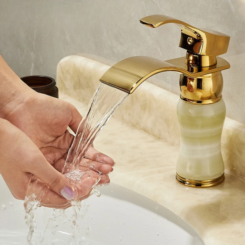 Vintage light luxury gold hot and cold water faucet bathroom bathroom cabinet wash basin waterfall rose gold jade faucet
Vintage light luxury gold hot and cold water faucet bathroom bathroom cabinet wash basin waterfall rose gold jade faucet