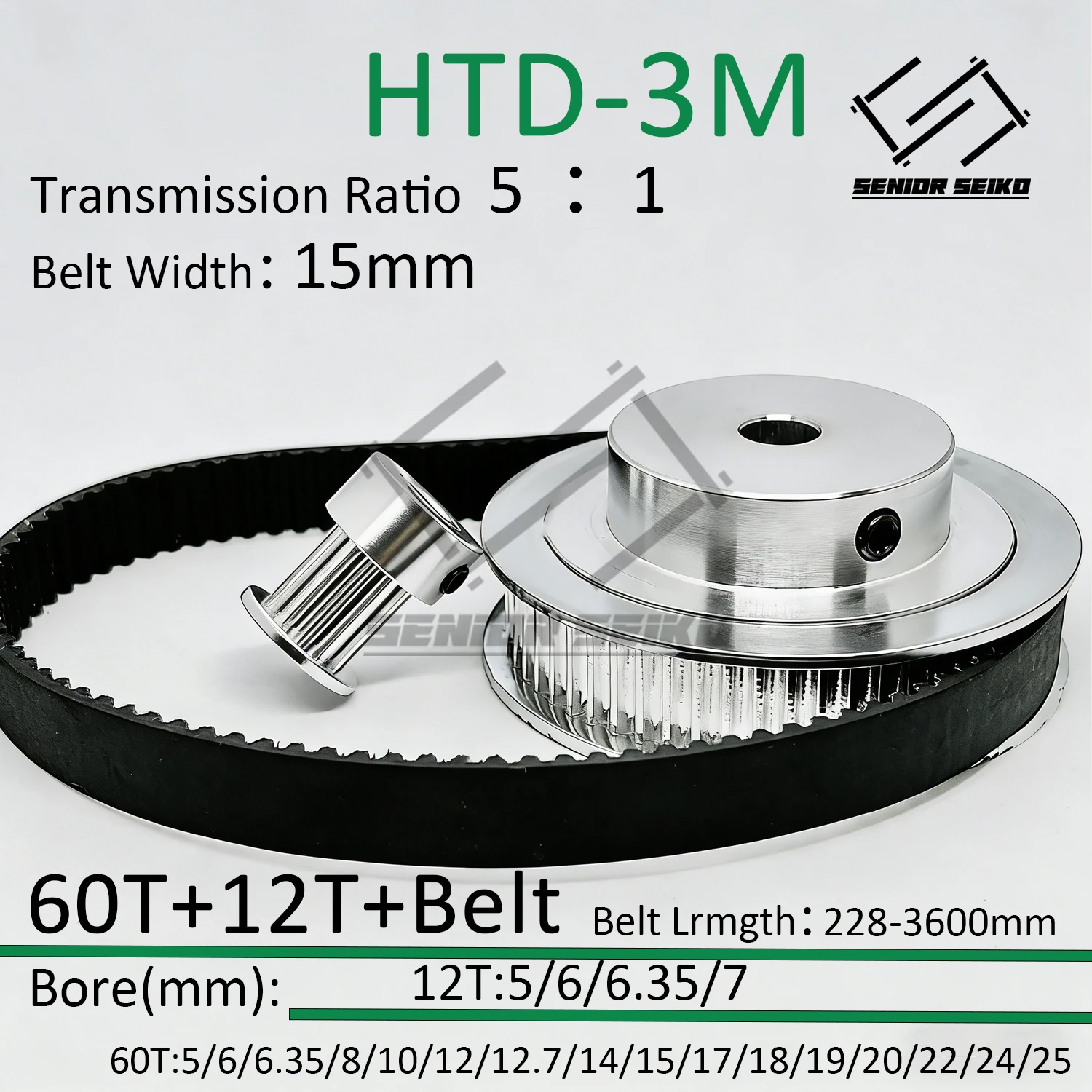 Комплект синхронных шкивов HTD3M 60 зубьев (12T) с ремнем, ширина ремня 15 мм, диаметр отверстия 5-25 мм, передаточное число 5:1, редукционный шкив 3M
Комплект синхронных шкивов HTD3M 60 зубьев (12T) с ремнем, ширина ремня 15 мм, диаметр отверстия 5-25 мм, передаточное число 5:1, редукционный шкив 3M