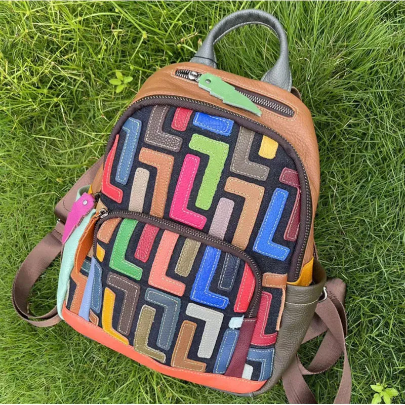 New genuine leather women's bag, colorful cowhide splicing backpack, retro casual bag, handbag
New genuine leather women's bag, colorful cowhide splicing backpack, retro casual bag, handbag