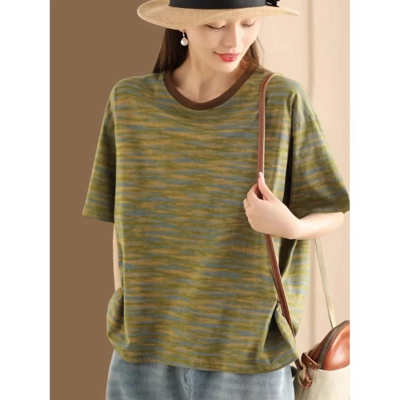 New Artistic Retro Women's Short Sleeve T-shirt Summer Loose Pullover Striped Versatile Casual Top And Tee W368
New Artistic Retro Women's Short Sleeve T-shirt Summer Loose Pullover Striped Versatile Casual Top And Tee W368