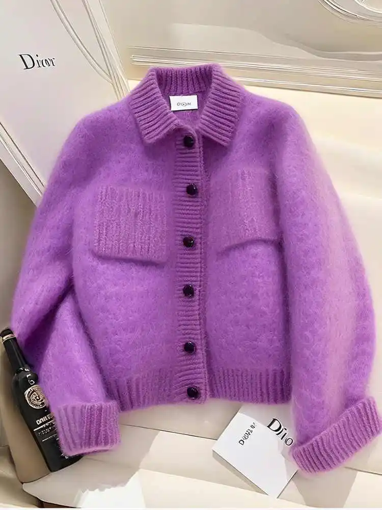 Small Fragrance Style Lapel Collar Purple Soft Cashmere Cardigan Sweater Women Autumn Winter New Pocket Knitwear Coat 
Small Fragrance Style Lapel Collar Purple Soft Cashmere Cardigan Sweater Women Autumn Winter New Pocket Knitwear Coat