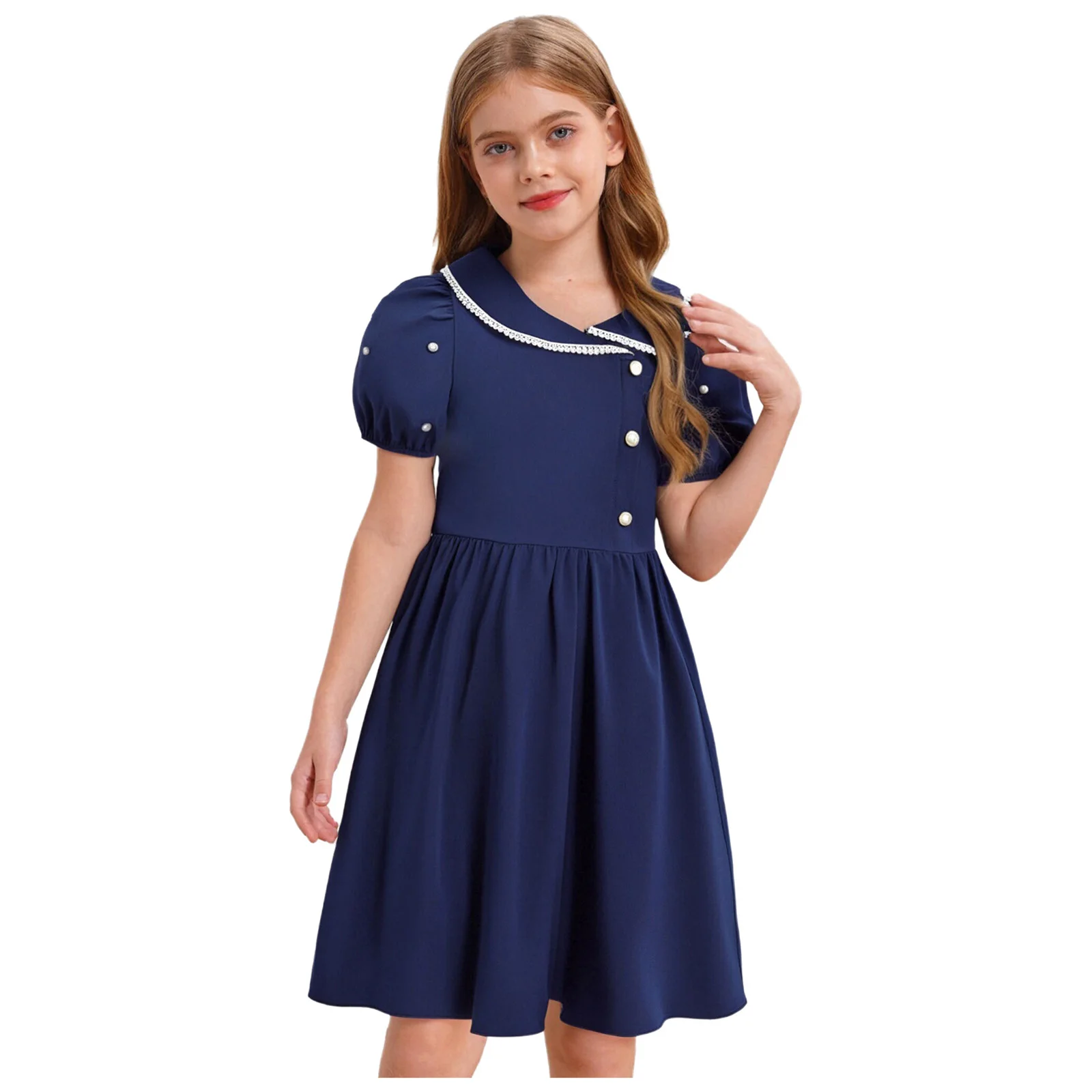 Kids Girls Dress School Uniform Lace Trim Turn-Down Collar Artificial Pearls Short-Sleeve Back Invisible Zipper Belted Dress
Kids Girls Dress School Uniform Lace Trim Turn-Down Collar Artificial Pearls Short-Sleeve Back Invisible Zipper Belted Dress
