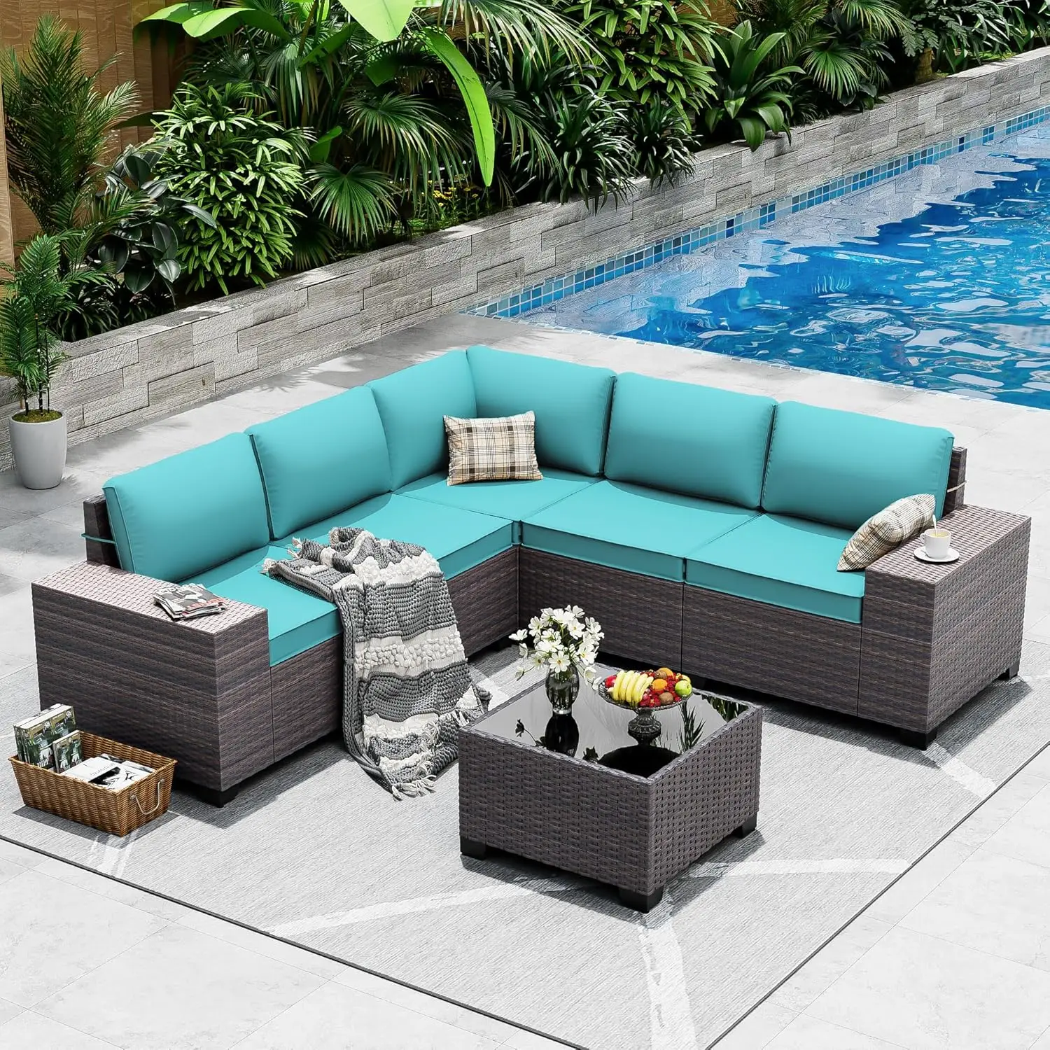 Outdoor Patio Furniture Set, 6 Pieces Outdoor Sectional Furniture High Backrest Patio Sofa, All-Weather PE Rattan, Customized