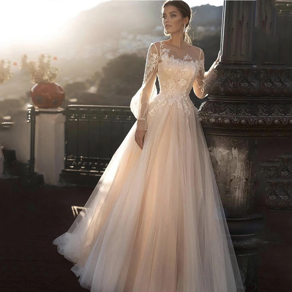 Champagne Wedding Dress Women Zipper Backless Lace Applique Puff Long Sleeves Vestidos De Noiva Tulle Floor Length Bride Gowns
Champagne Wedding Dress Women Zipper Backless Lace Applique Puff Long Sleeves Vestidos De Noiva Tulle Floor Length Bride Gowns