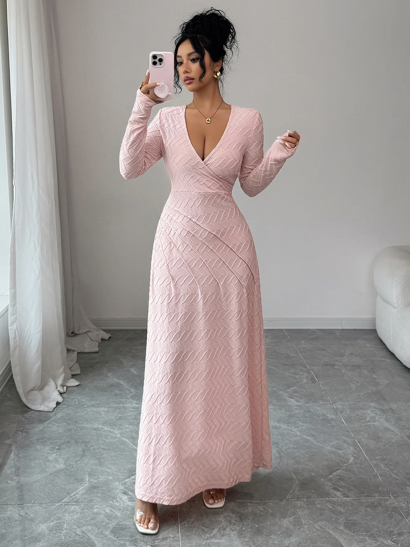 Women's Dress Best Seller Pink Long Sleeve Deep V Neck Wrap Textured Maxi Dress Party Wedding Guest Casual Vacation Dress
Women's Dress Best Seller Pink Long Sleeve Deep V Neck Wrap Textured Maxi Dress Party Wedding Guest Casual Vacation Dress