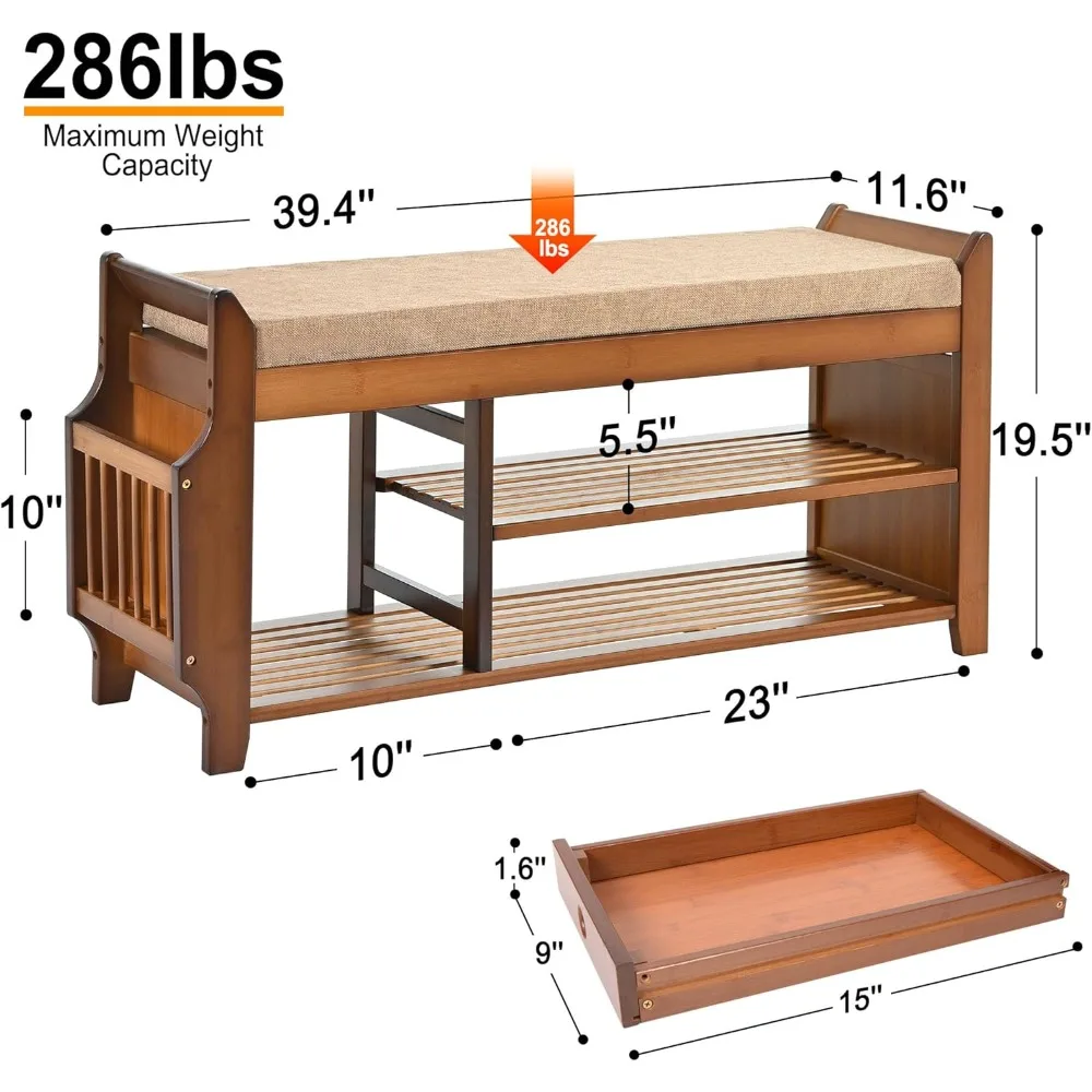 Shoe Bench with Hidden Drawer and Side Holder, 2 Tier Entryway Bench with Storage 39.4 in, Bamboo Shoe Rack
Shoe Bench with Hidden Drawer and Side Holder, 2 Tier Entryway Bench with Storage 39.4 in, Bamboo Shoe Rack