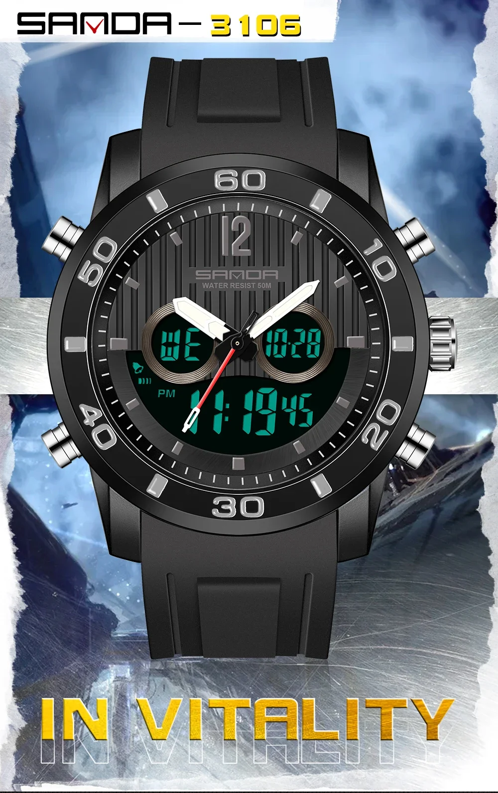 Sanda 3106 корейские электронные многофункциональные мужские электронные часы с двойным дисплеем
Sanda 3106 корейские электронные многофункциональные мужские электронные часы с двойным дисплеем
