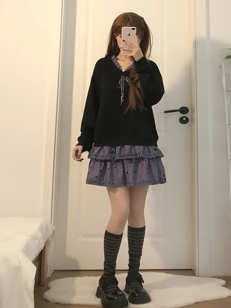 Gothic Style Short Dress Black Purple Knitted Splice Witchy Skirt Women's Fashion Autumn Winter New Arrival A-Line Dress
Gothic Style Short Dress Black Purple Knitted Splice Witchy Skirt Women's Fashion Autumn Winter New Arrival A-Line Dress