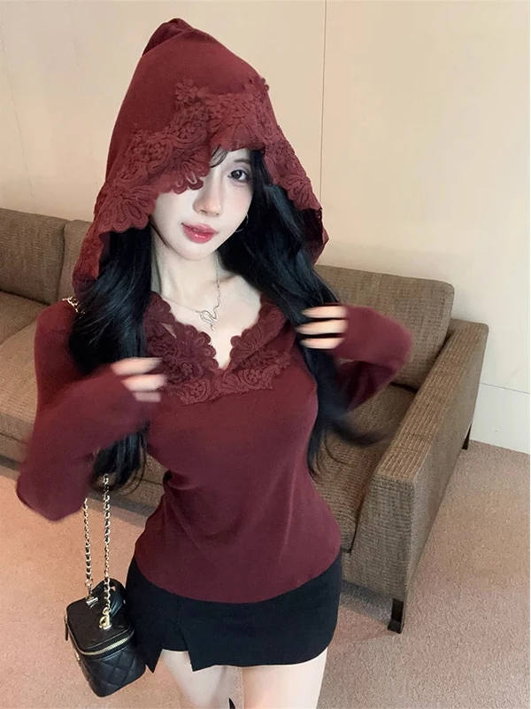 Ele Red Vintage Hooded Long Sve T-irt Women's Faionable Lace Trim Base irt Casual Loose Knitted Moisture ng
Ele Red Vintage Hooded Long Sve T-irt Women's Faionable Lace Trim Base irt Casual Loose Knitted Moisture ng