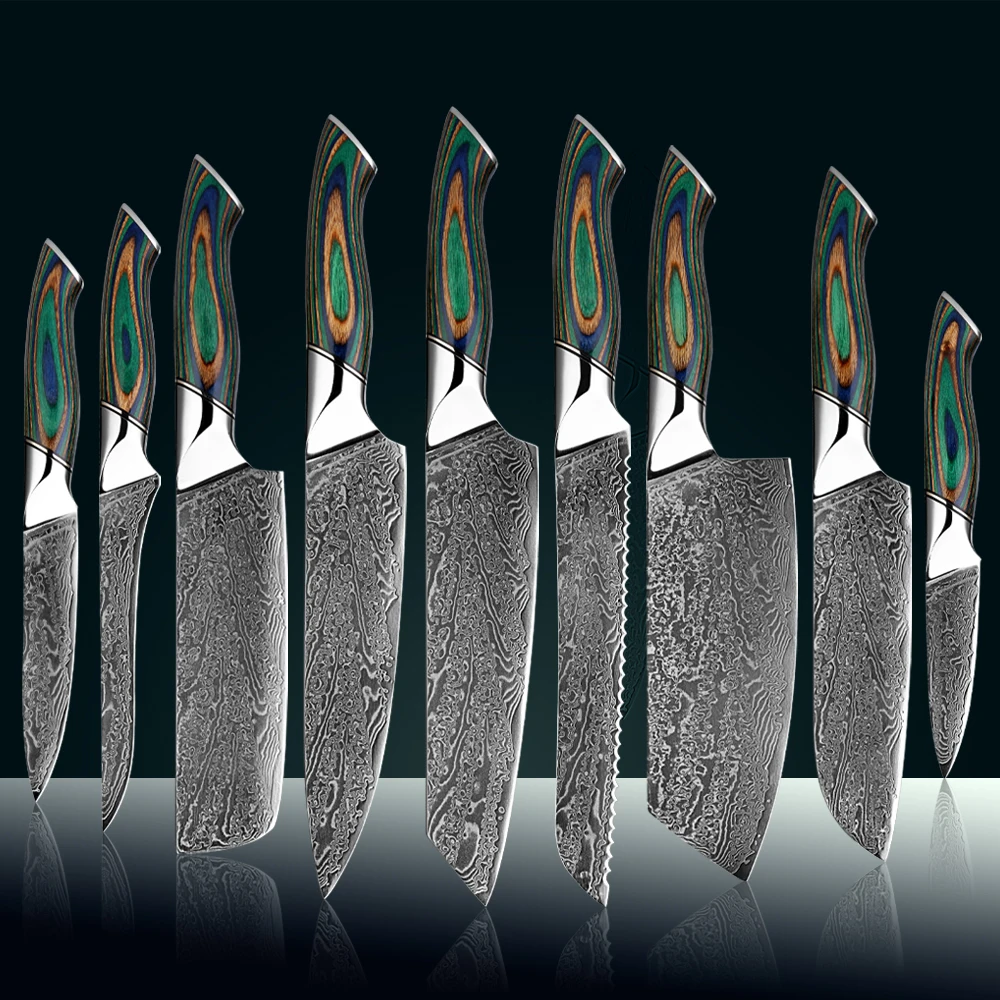 1-8PCS Damascus Steel Knife Set,Japanese Chef Knife Set with VG 10 Steel Core,Includes Chef,Santoku,Bread, Boning&Paring Knives 
1-8PCS Damascus Steel Knife Set,Japanese Chef Knife Set with VG 10 Steel Core,Includes Chef,Santoku,Bread, Boning&Paring Knives