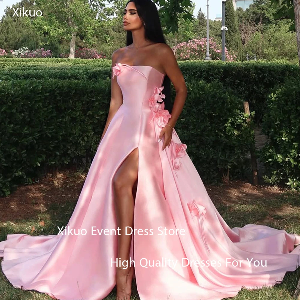 Xikuo Elegant Pink Satin Prom Dress A Line Strapless Happy Evening Gown 3D Flowers High Side Slit Sukienka Wieczorowa Customized
Xikuo Elegant Pink Satin Prom Dress A Line Strapless Happy Evening Gown 3D Flowers High Side Slit Sukienka Wieczorowa Customized