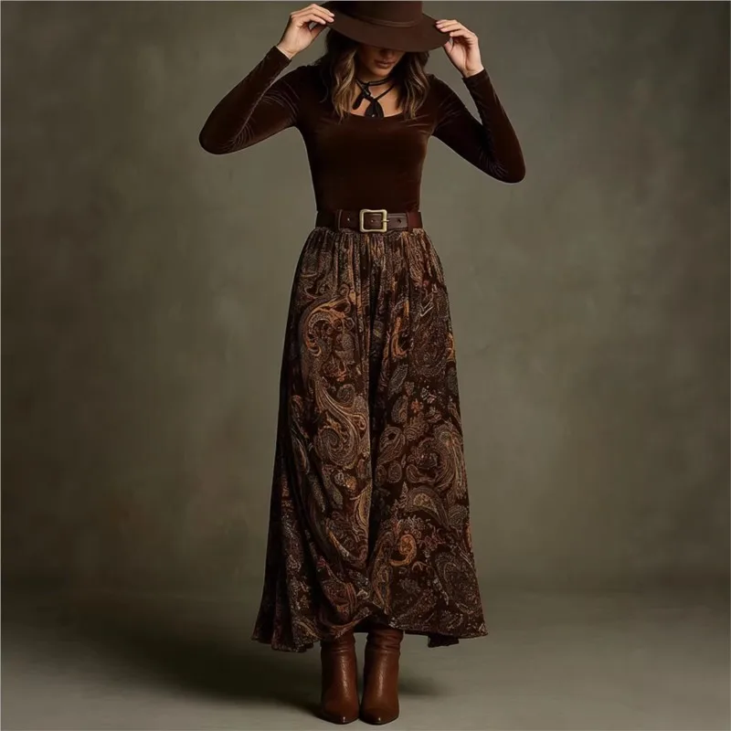 Vintage Solid Top+printed Skirt Two-piece Set Woman's Spring Autumn Fashion O-neck Slim Fit Top Suit With Belt Lady Party Outfit
Vintage Solid Top+printed Skirt Two-piece Set Woman's Spring Autumn Fashion O-neck Slim Fit Top Suit With Belt Lady Party Outfit