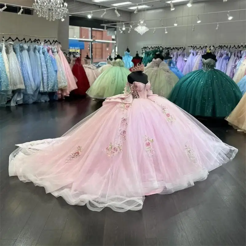 Customized Light Pink Quinceanera Dresses for Girl Large Bowknot Appliques Flower Off the Shoulder 15 Anos Vestido
Customized Light Pink Quinceanera Dresses for Girl Large Bowknot Appliques Flower Off the Shoulder 15 Anos Vestido