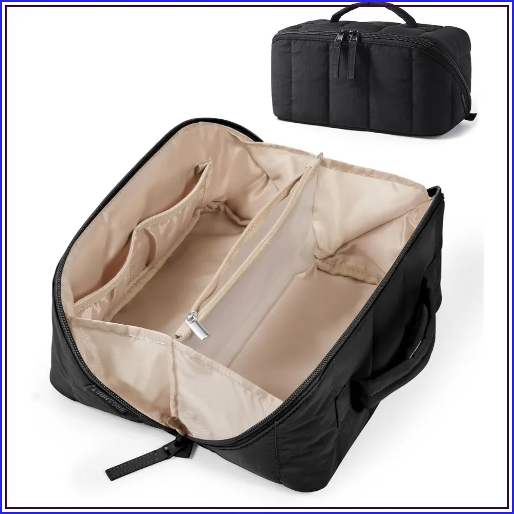 Travel Makeup Bag for Women, Portable Water-resistant Cosmetic Case, Puffy Padded Organizer Pouch, Open Flat Toiletry Bag for Brushes, Black
Travel Makeup Bag for Women, Portable Water-resistant Cosmetic Case, Puffy Padded Organizer Pouch, Open Flat Toiletry Bag for Brushes, Black