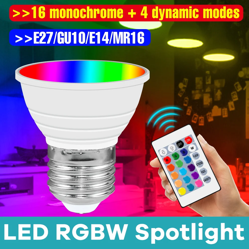 LED Spotlight E27 RGB Bulbs MR16 AC85-265V Mood Lights GU10 Colorful Lamps Bulb 16Colors Change 24-Key Remote Control GU5.3
LED Spotlight E27 RGB Bulbs MR16 AC85-265V Mood Lights GU10 Colorful Lamps Bulb 16Colors Change 24-Key Remote Control GU5.3