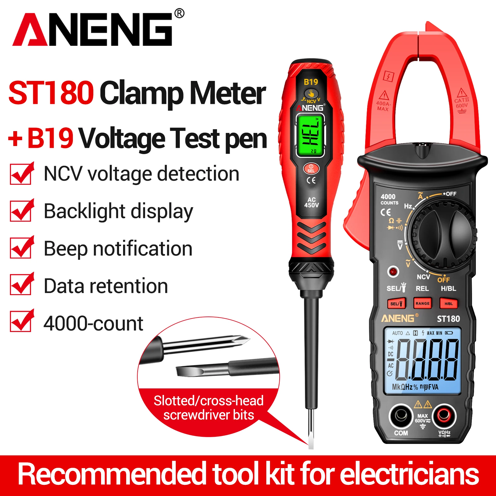 ANENG ST180+B19 digital clamp meter test probe set 4000 counts multimeter 30-1000V voltage detector circuit breakpoint finder
ANENG ST180+B19 digital clamp meter test probe set 4000 counts multimeter 30-1000V voltage detector circuit breakpoint finder