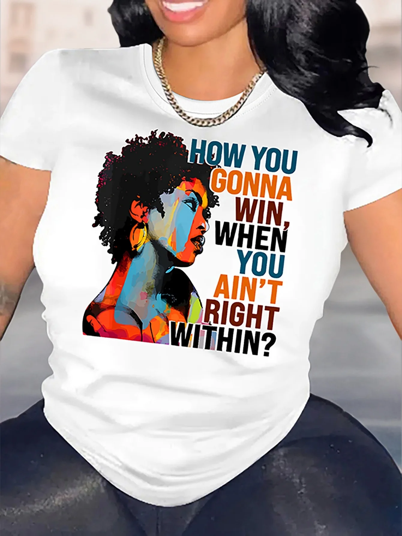 Polyester Women's Casual T-Shirt with Afro American Graffiti Portrait Print, Round Neck, Regular Fit for Spring/Summer
Polyester Women's Casual T-Shirt with Afro American Graffiti Portrait Print, Round Neck, Regular Fit for Spring/Summer