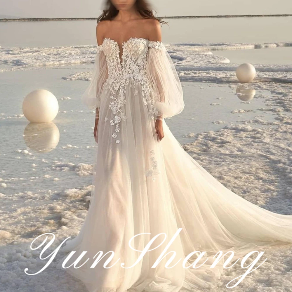 Yunshang Customized Off Shoulder Wedding Dress Long Puff Sleeves Appliques Floor Length Soft Tulle Lace Bridal Gowns Sweep Train
Yunshang Customized Off Shoulder Wedding Dress Long Puff Sleeves Appliques Floor Length Soft Tulle Lace Bridal Gowns Sweep Train