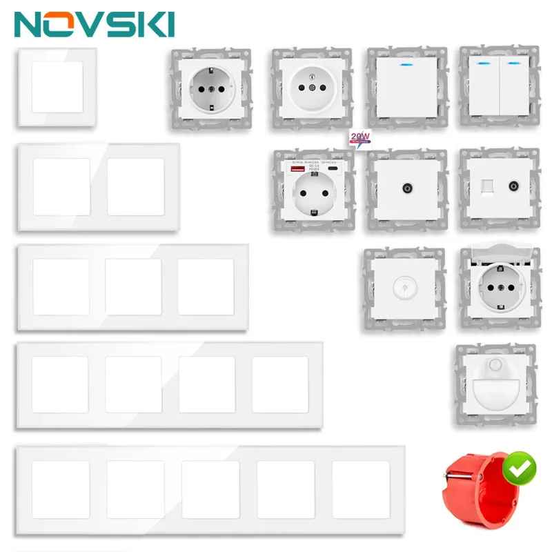 NOVSKI wall-mounted module diy European standard white glass panel power socket switch button function free combination
NOVSKI wall-mounted module diy European standard white glass panel power socket switch button function free combination