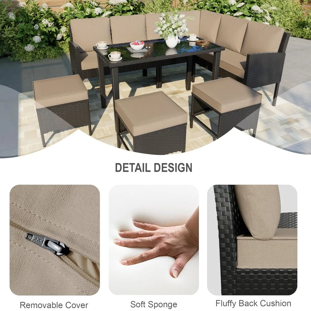 7 Pieces Patio Dining Set with Ottoman, Outdoor Conversation Sets with Glass Dining Table, Black Wicker Rattan, Customized