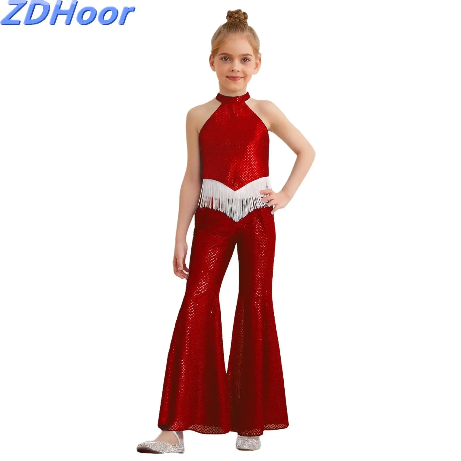Kids Girls Sparkling Sequins Jazz Outfits Sleeveless Halter Backless Irregular Tassels Hem Crop Top with Bell-Bottom Pants
Kids Girls Sparkling Sequins Jazz Outfits Sleeveless Halter Backless Irregular Tassels Hem Crop Top with Bell-Bottom Pants