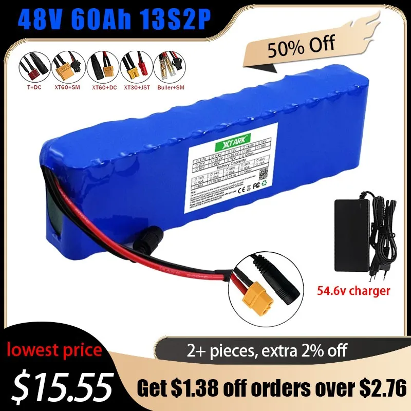 13S2P XT60 48V 60Ah 1000w Efficient Lithium ion 48V Battery Pack 60000mah For 54.6v Scooter with BMS+charger
13S2P XT60 48V 60Ah 1000w Efficient Lithium ion 48V Battery Pack 60000mah For 54.6v Scooter with BMS+charger