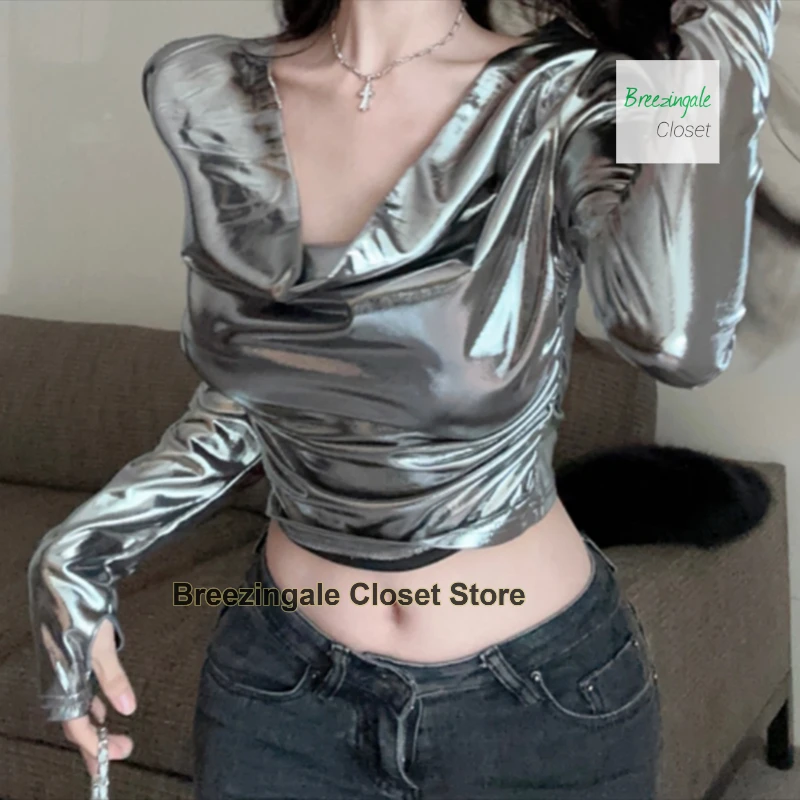 American silver pure desire spice girl top short swing collar glossy long sleeve bottoming shirt for women's summer fashion
American silver pure desire spice girl top short swing collar glossy long sleeve bottoming shirt for women's summer fashion