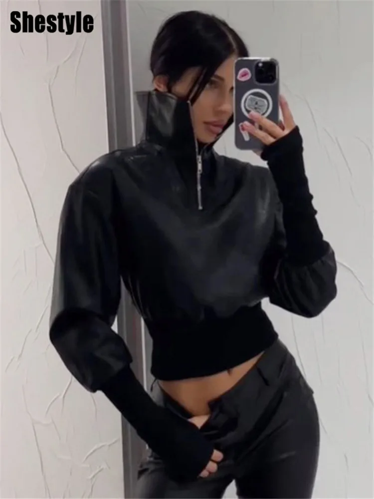 Shestyle черная водолазка из искусственной кожи с длинным рукавом на молнии, женские укороченные топы, крутой повседневный пуловер в стиле панк, модный
Shestyle черная водолазка из искусственной кожи с длинным рукавом на молнии, женские укороченные топы, крутой повседневный пуловер в стиле панк, модный