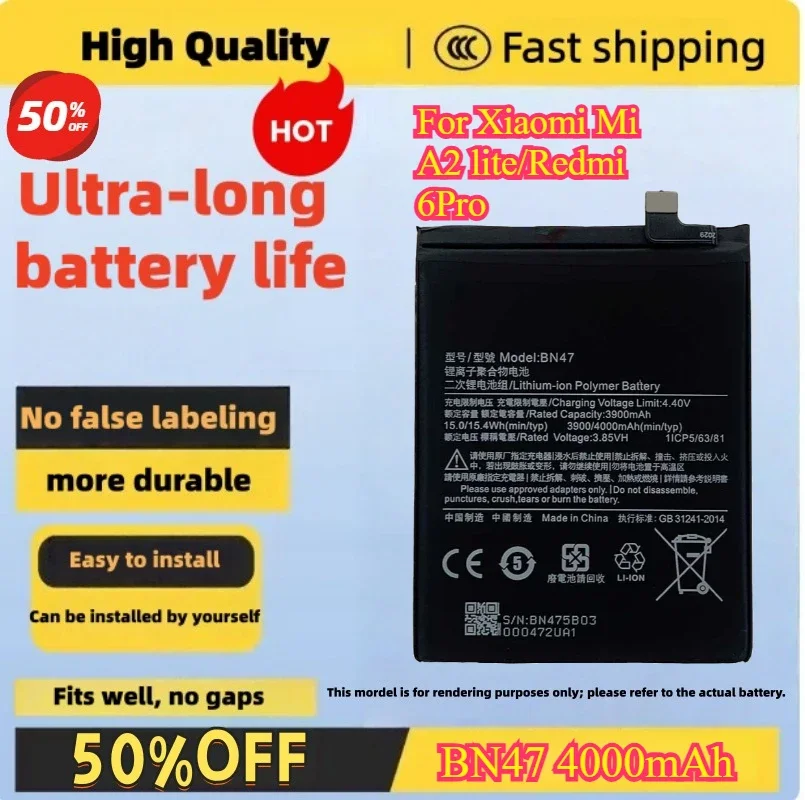 BN47 4000mAh Battery For Xiaomi Mi A2 lite/Redmi 6Pro BN47 Phone Replacement Batteries +Tools
BN47 4000mAh Battery For Xiaomi Mi A2 lite/Redmi 6Pro BN47 Phone Replacement Batteries +Tools