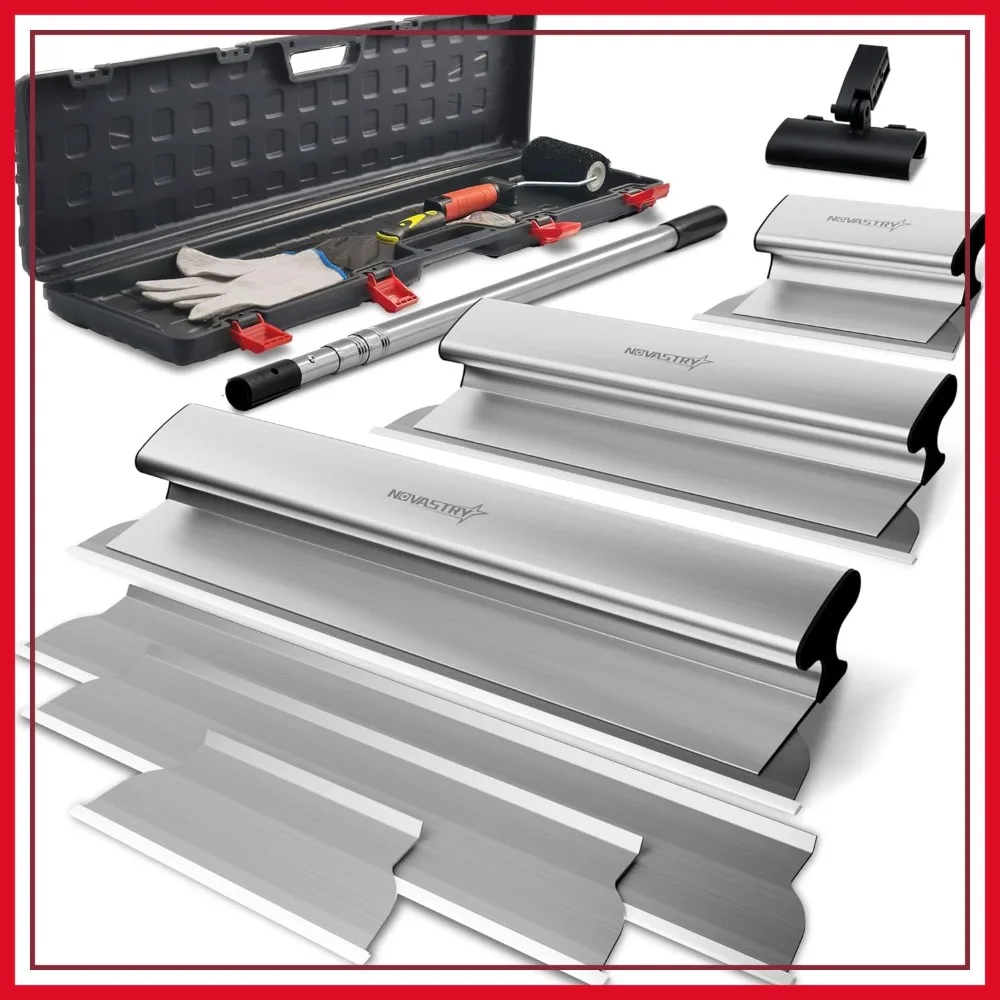 Drywall Skimming Blade Set 12" 24" 32" Stainless Steel with Extension Handle, Spare Blades, Roller, Putty Knife, Storage Box
Drywall Skimming Blade Set 12" 24" 32" Stainless Steel with Extension Handle, Spare Blades, Roller, Putty Knife, Storage Box