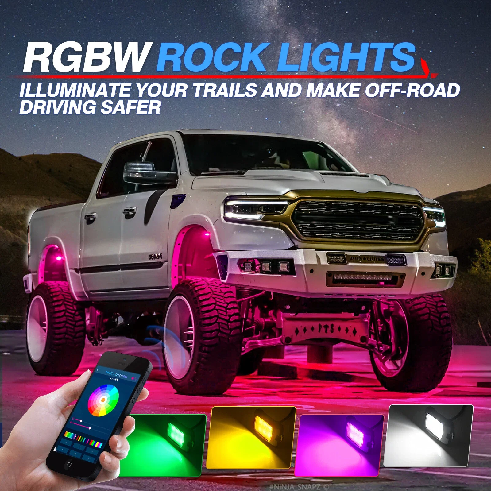 MICTUNING 2025 Upgraded Q1 RGBW LED Rock Lights 8 Pods Multicolor Neon Light Waterproof Underglow Lighting Kit with APP Control
MICTUNING 2025 Upgraded Q1 RGBW LED Rock Lights 8 Pods Multicolor Neon Light Waterproof Underglow Lighting Kit with APP Control