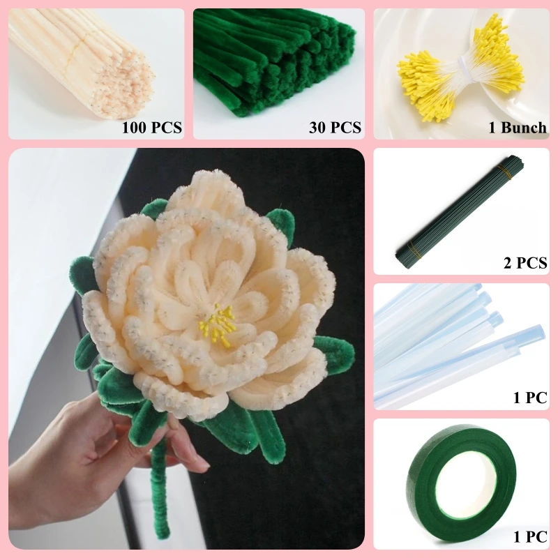 130 PCS * Pipe Cleaner Chenille Stems Handmade Peony Flower Making Kit DIY Art Flower Bouquet Craft Set Hot Glue Sticks Tape
130 PCS * Pipe Cleaner Chenille Stems Handmade Peony Flower Making Kit DIY Art Flower Bouquet Craft Set Hot Glue Sticks Tape