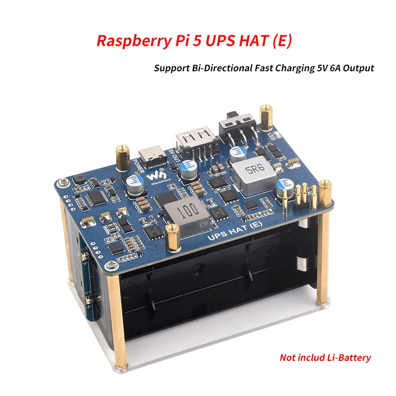 Raspberry Pi 5 UPS HAT (E) 5V 6A Uninterruptible Power Supply Support 21700-Li-Battery (NOT includ) Pogo Pins Connector
Raspberry Pi 5 UPS HAT (E) 5V 6A Uninterruptible Power Supply Support 21700-Li-Battery (NOT includ) Pogo Pins Connector