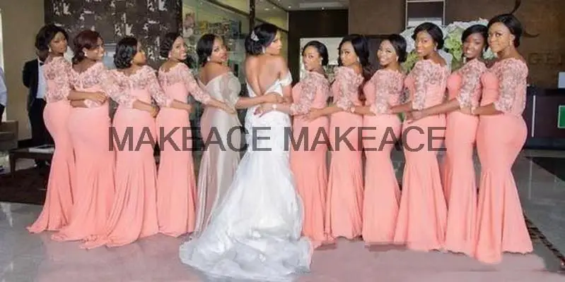 Pink Sheer Lace Mermaid Bridesmaid Dresses With 3/4 Long Sleeves Floral Appliques Beads Boat Neck Wedding Party Dress
Pink Sheer Lace Mermaid Bridesmaid Dresses With 3/4 Long Sleeves Floral Appliques Beads Boat Neck Wedding Party Dress