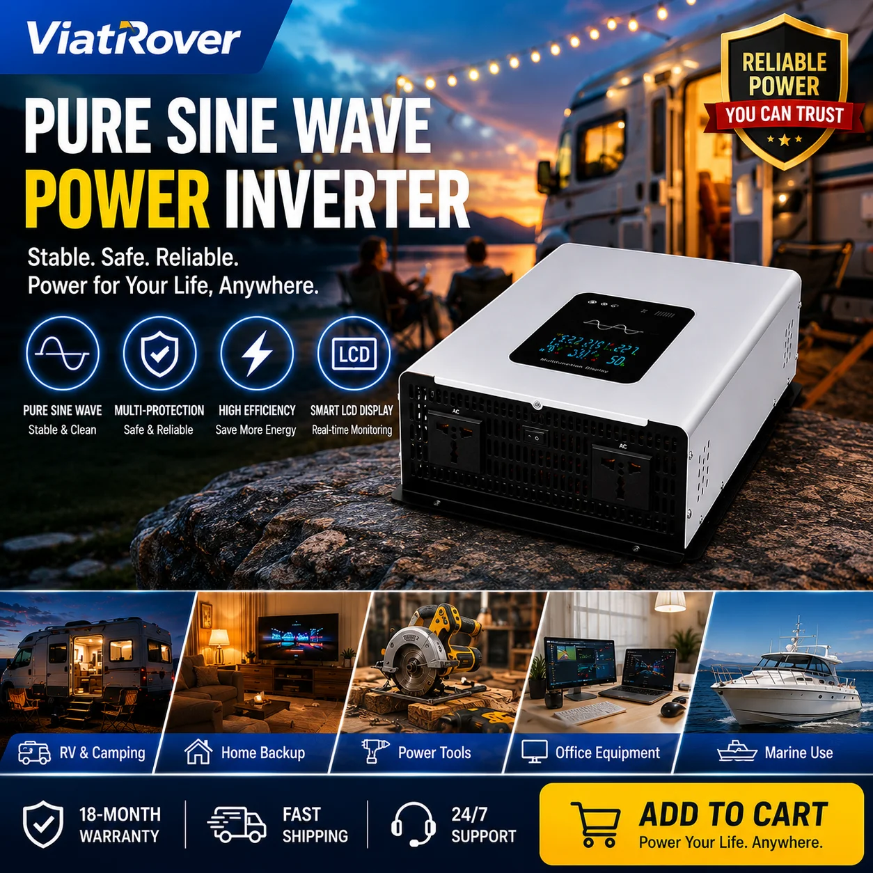 Pure Sine Wave Inverter LCD Display DC 12V/24V/48V/60V/72V to AC 110V/220V Voltage Converter for RV Caravan Camping
Pure Sine Wave Inverter LCD Display DC 12V/24V/48V/60V/72V to AC 110V/220V Voltage Converter for RV Caravan Camping