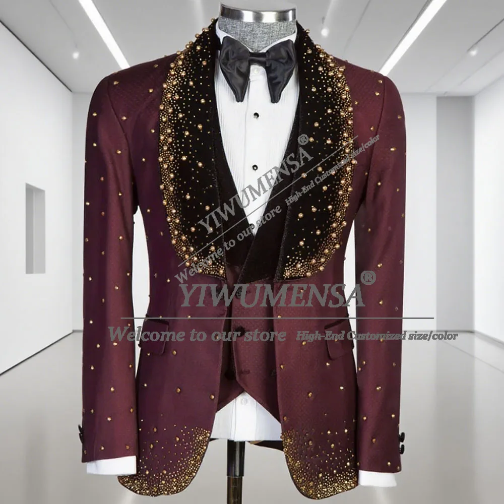 Luxury Golden Pearls Suits Men For Wedding Black Shawl Lapel Jacket Vest Pants 3 Pieces Groom Tuxedo Custom Made Business Dress
Luxury Golden Pearls Suits Men For Wedding Black Shawl Lapel Jacket Vest Pants 3 Pieces Groom Tuxedo Custom Made Business Dress