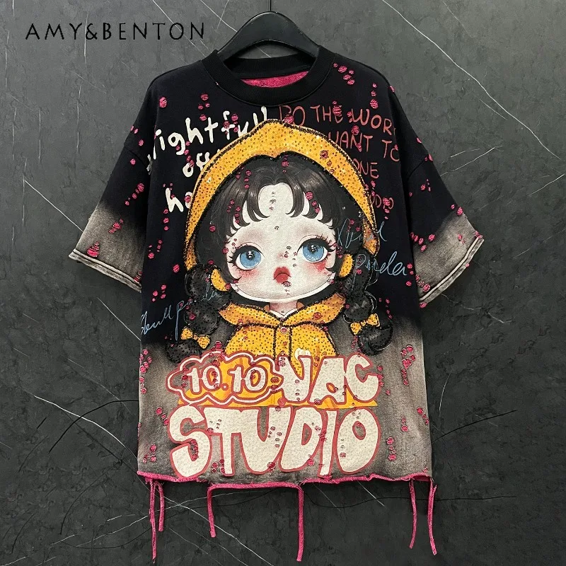 Summer Heavy Craft New Cartoon Little Girl Distressed Tassel Gradient Color Short Sleeved T-shirts Women Loose Casual Style Tees
Summer Heavy Craft New Cartoon Little Girl Distressed Tassel Gradient Color Short Sleeved T-shirts Women Loose Casual Style Tees