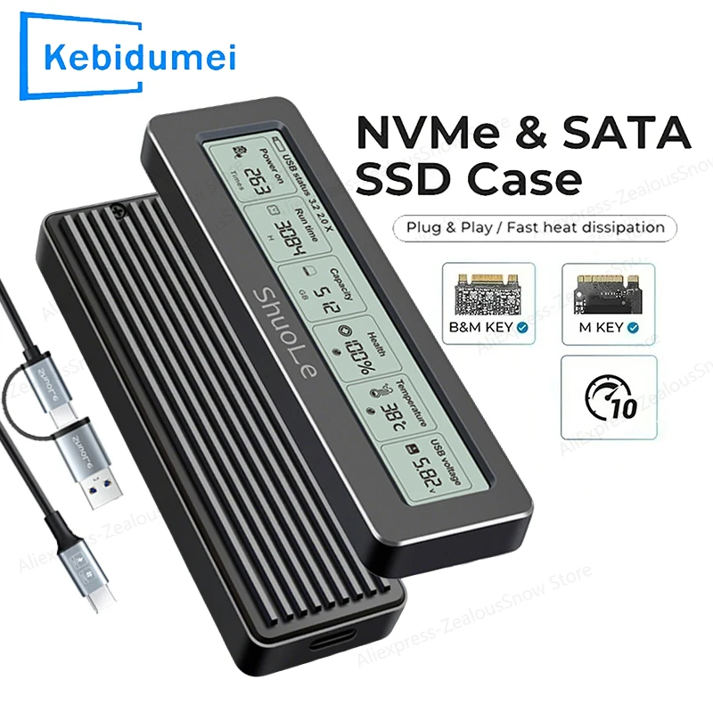  10Gbps M.2 NVME/NGFF Dual Protocol SSD Enclosure Smart Health Detection SSD Case USB 3.2 Gen 2 All Aluminum Alloy PCI-E Shell