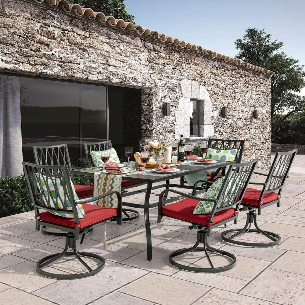 7 Piece Outdoor Dining Set, Outdoor Furniture Set for Rectangle Iron Umbrella Dining Table and 6 Cushioned Swivel Chairs, Black
7 Piece Outdoor Dining Set, Outdoor Furniture Set for Rectangle Iron Umbrella Dining Table and 6 Cushioned Swivel Chairs, Black