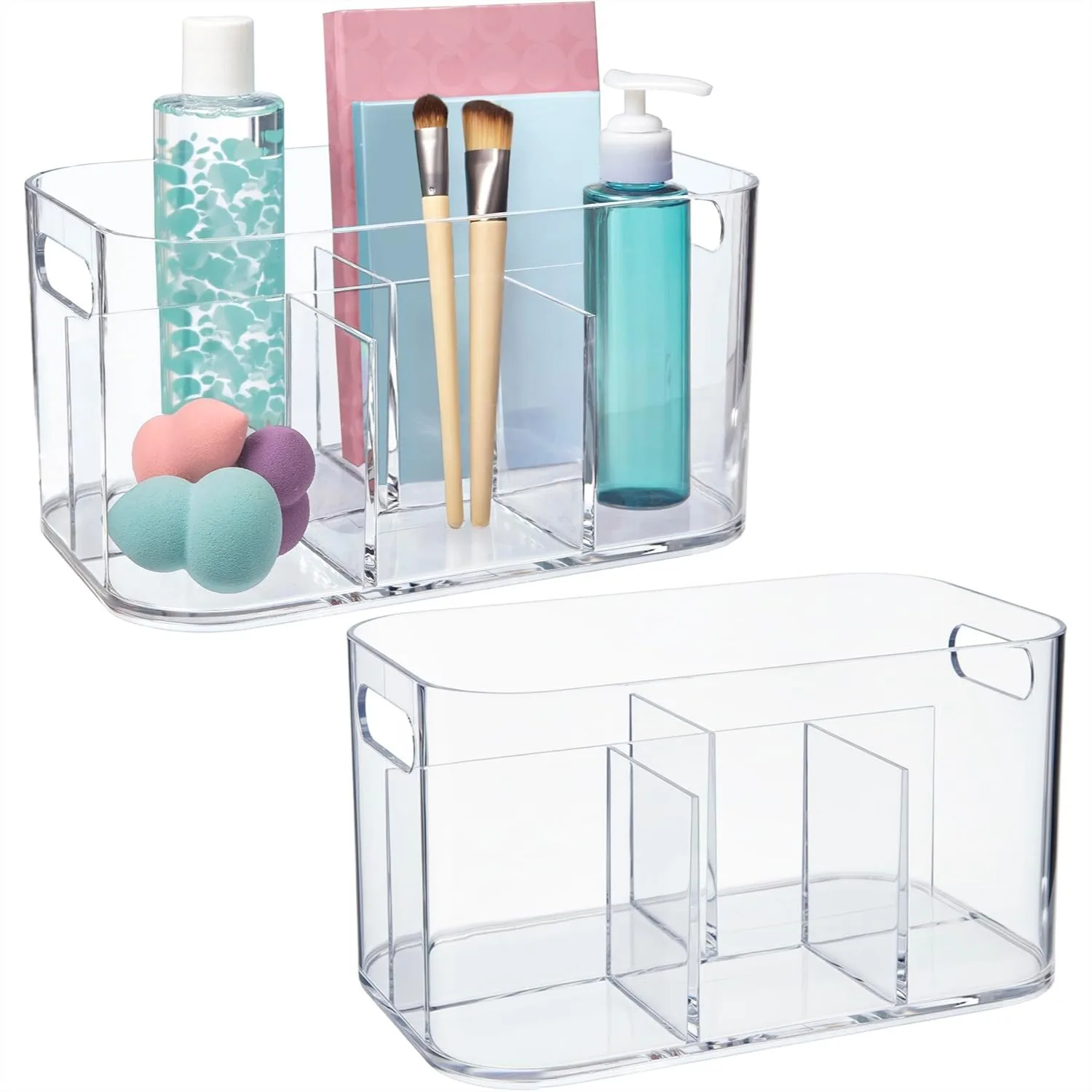 5-Compartment Plastic Cosmetics Storage Organizer Set of 2 Clear Rectangular Makeup Bin with Pass-Through Handles Round Corner
5-Compartment Plastic Cosmetics Storage Organizer Set of 2 Clear Rectangular Makeup Bin with Pass-Through Handles Round Corner
