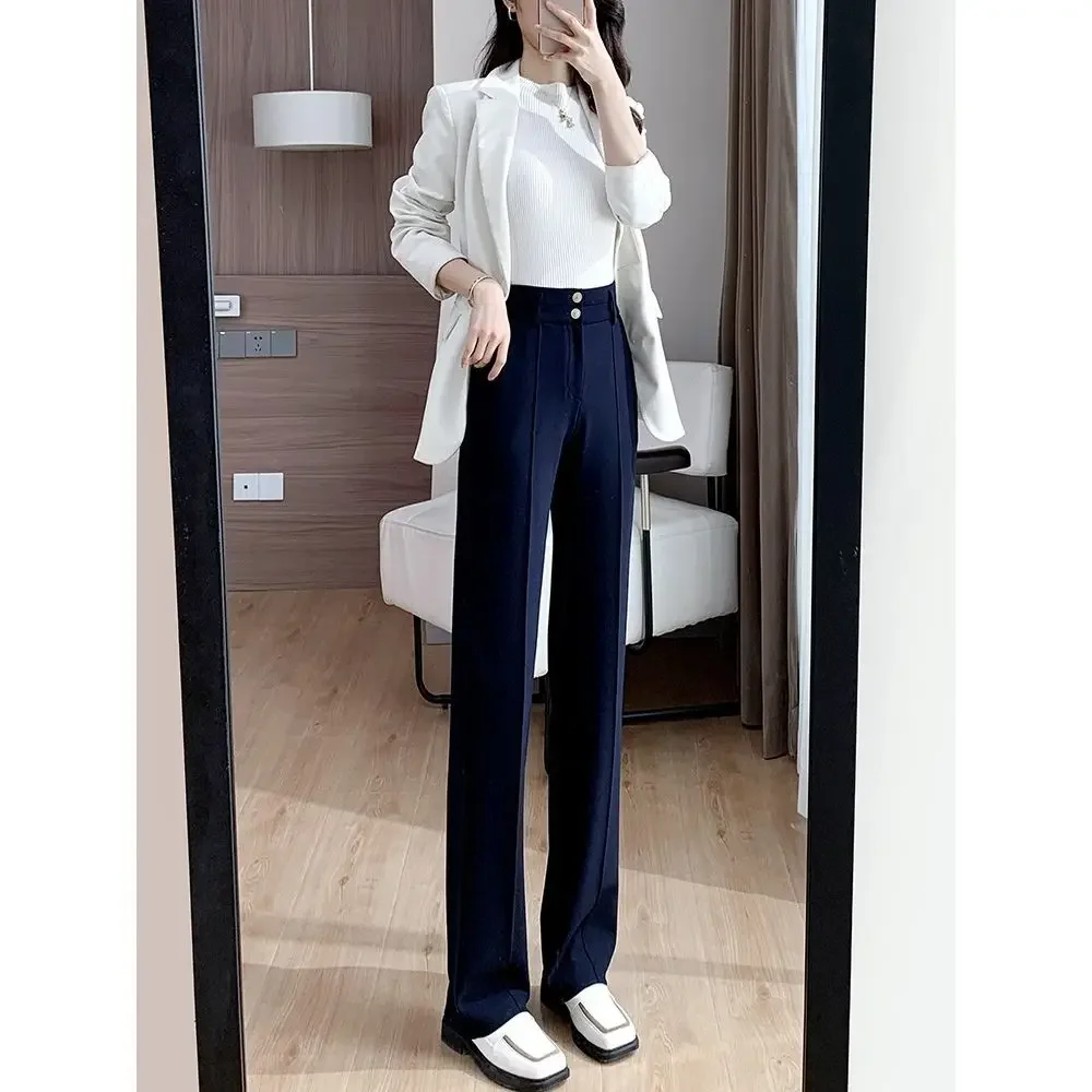 Эластичные узкие широкие брюки с высокой талией, весна-осень 2024, прямые костюмные брюки, женский стиль, два пуговицы
Эластичные узкие широкие брюки с высокой талией, весна-осень 2024, прямые костюмные брюки, женский стиль, два пуговицы