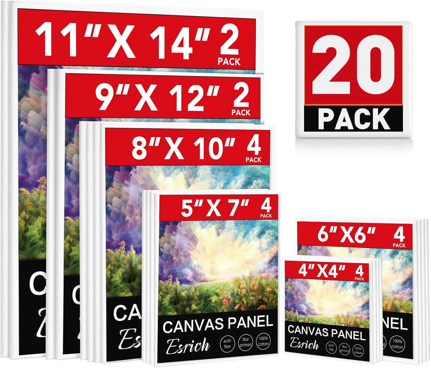 20 Pack Canvas Boards for Painting, 6 Sizes 4x4 to 11x14, Blank Canvases for Acrylic Oil Gouache
20 Pack Canvas Boards for Painting, 6 Sizes 4x4 to 11x14, Blank Canvases for Acrylic Oil Gouache