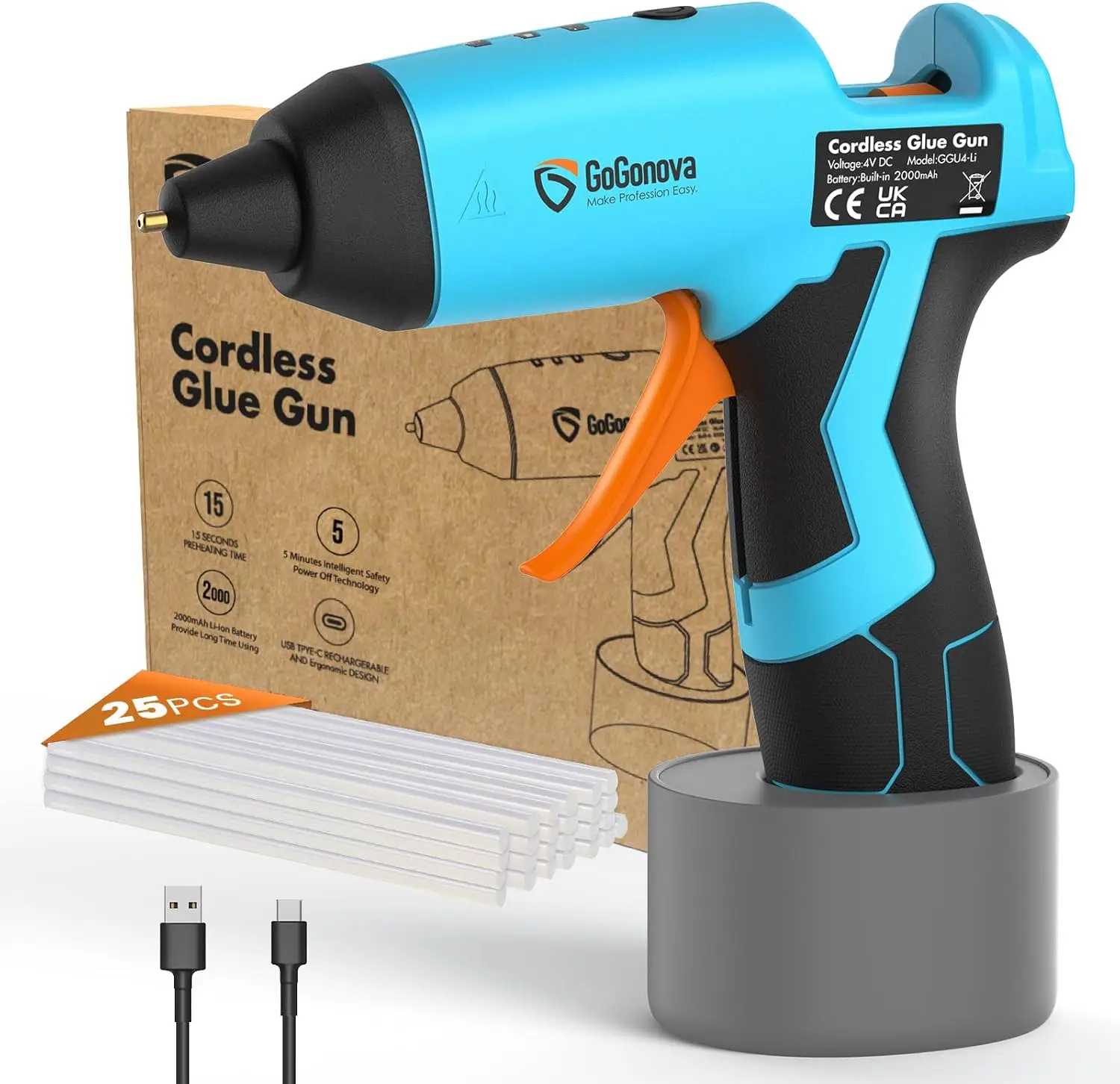 Cordless Hot Glue Gun, 15s Fast Preheating, 2Ah Battery, 25 Glue Sticks, USB-C
Cordless Hot Glue Gun, 15s Fast Preheating, 2Ah Battery, 25 Glue Sticks, USB-C