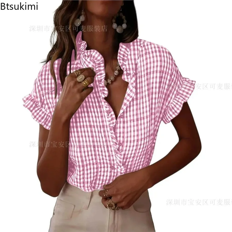 Women's Summer Fungus Plaid Short Sleeve Top Shirts New Fashion Sexy V-neck Casual Loose Single-breasted Shirt Blusas De Mujer
Women's Summer Fungus Plaid Short Sleeve Top Shirts New Fashion Sexy V-neck Casual Loose Single-breasted Shirt Blusas De Mujer