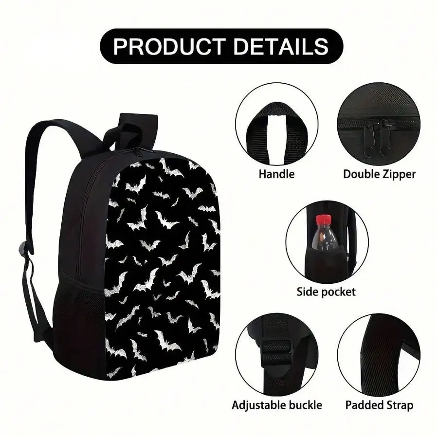 Large Capacity Lightweight Polyester Backpack With Bat Print, Adjustable Straps, Double Zipper, Side Pocket For Adults
Large Capacity Lightweight Polyester Backpack With Bat Print, Adjustable Straps, Double Zipper, Side Pocket For Adults