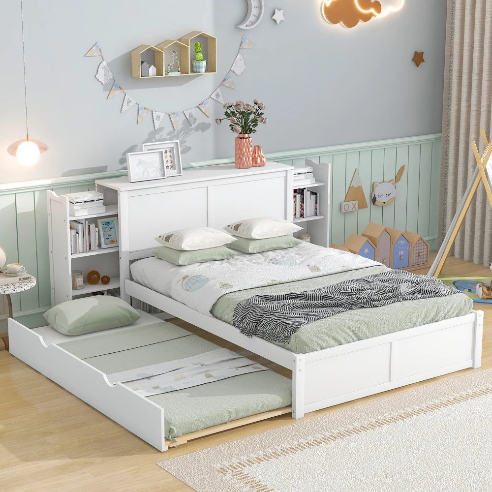 Full Size Storage Platform Bed with Pull Out Shelves and Twin Size Trundle, White
Full Size Storage Platform Bed with Pull Out Shelves and Twin Size Trundle, White