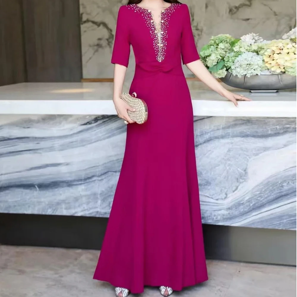 Women's A-line Evening Dresses Ankle-length O-neck Half Sleeve Prom Gown Fashion Crystal Simple Draped Causal Customized Gown
Women's A-line Evening Dresses Ankle-length O-neck Half Sleeve Prom Gown Fashion Crystal Simple Draped Causal Customized Gown