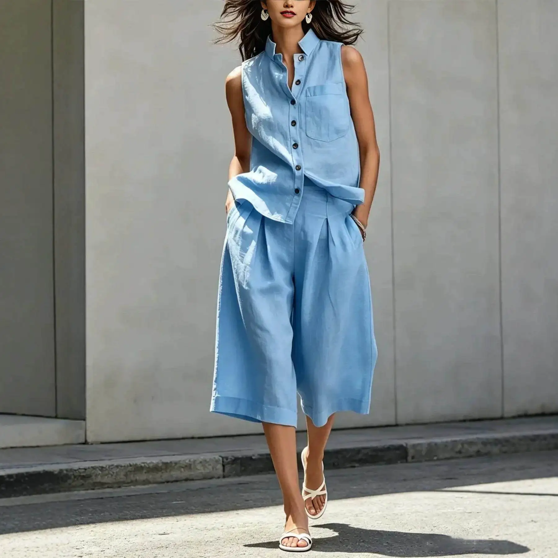 Casual Cotton Linen Shorts Set for Women Sleeveless Simple Summer Outfit Seven-Quarter Length Pure Color Shirt Commute S...
Casual Cotton Linen Shorts Set for Women Sleeveless Simple Summer Outfit Seven-Quarter Length Pure Color Shirt Commute S...